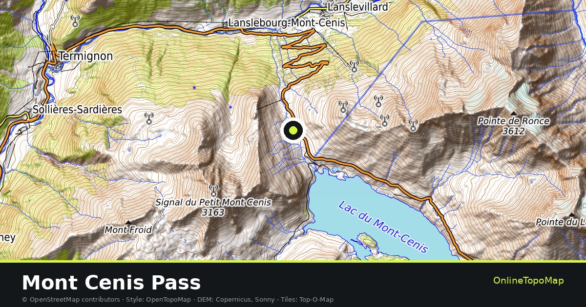 Topographic map of Mont Cenis Pass with contour lines and hillshading