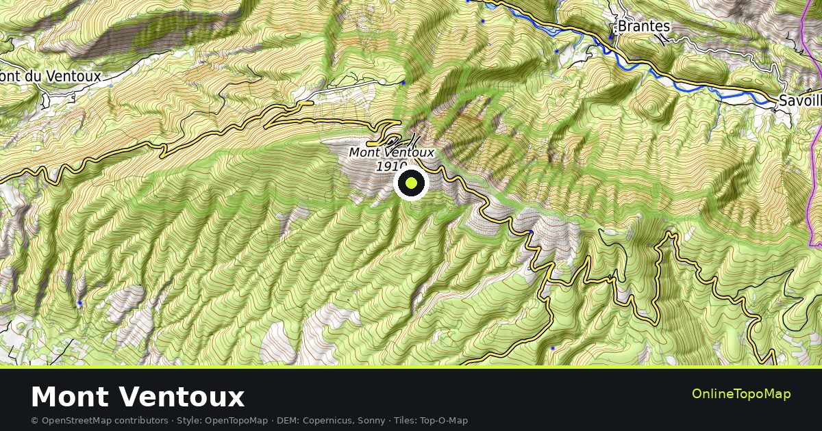 Topographic map of Mont Ventoux with contour lines and hillshading