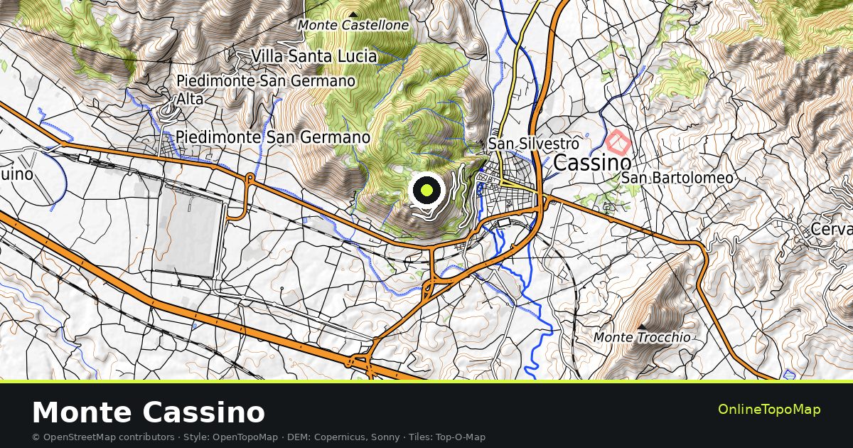 Topographic map of Monte Cassino with contour lines and hillshading