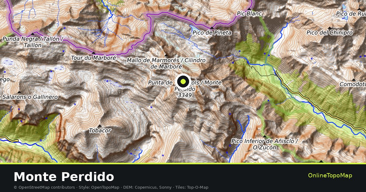 Topographic map of Monte Perdido with contour lines and hillshading
