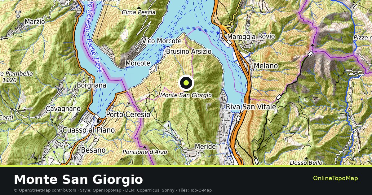 Topographic map of Monte San Giorgio with contour lines and hillshading