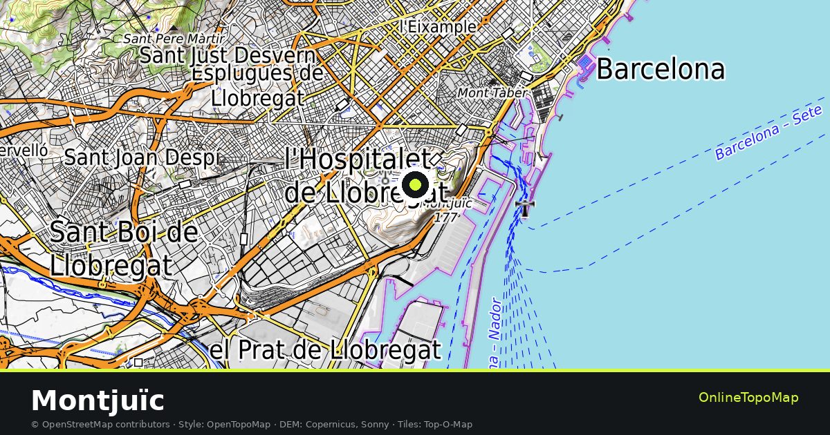 Topographic map of Montjuïc with contour lines and hillshading