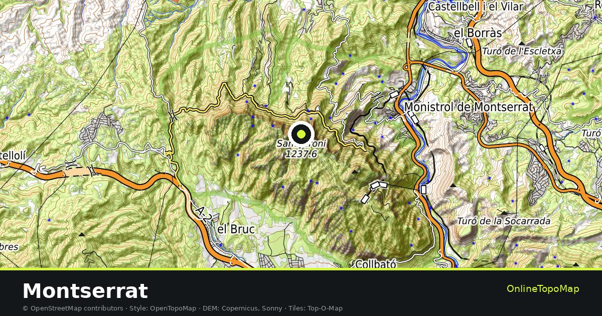 Topographic map of Montserrat with contour lines and hillshading