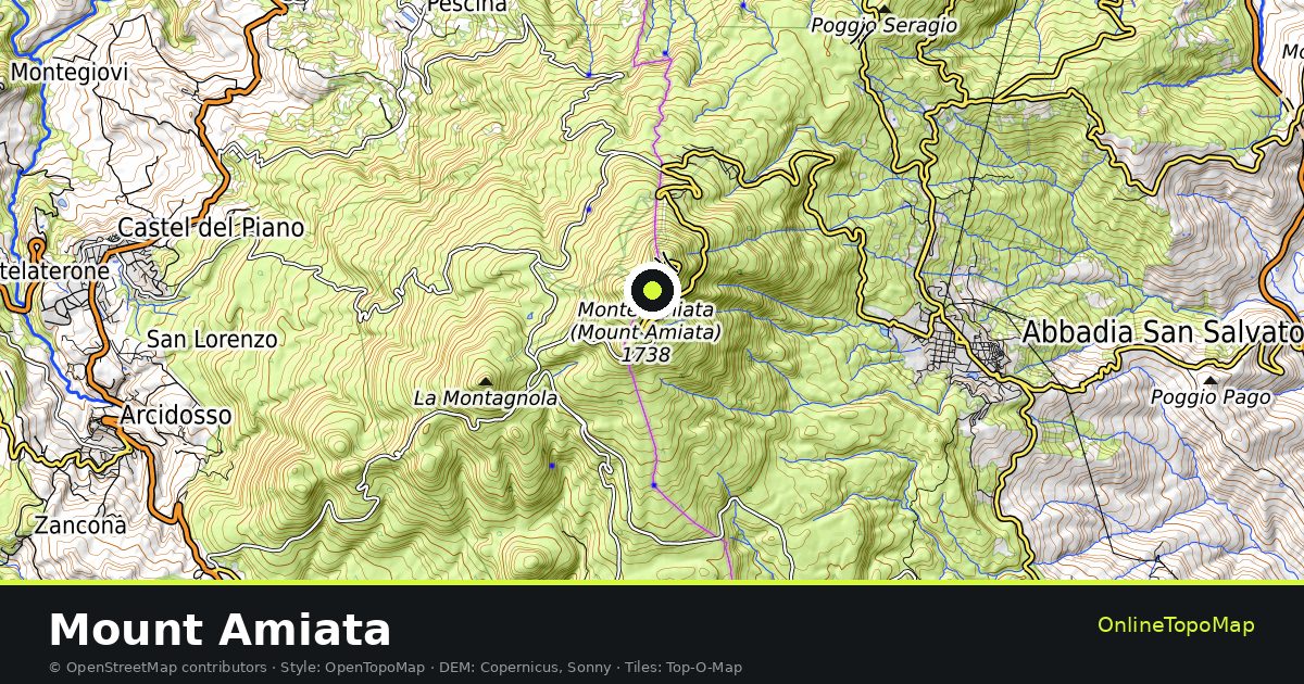 Topographic map of Mount Amiata with contour lines and hillshading
