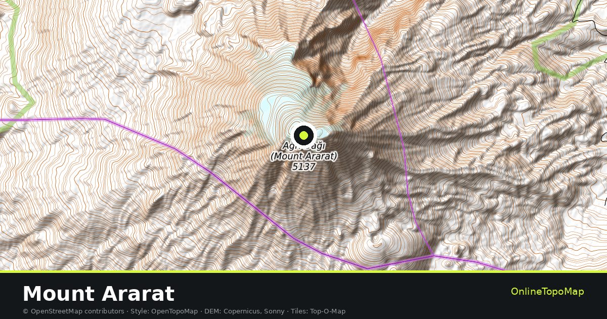 Topographic map of Mount Ararat with contour lines and hillshading