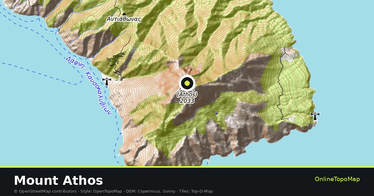 Topographic map of Mount Athos with contour lines and hillshading
