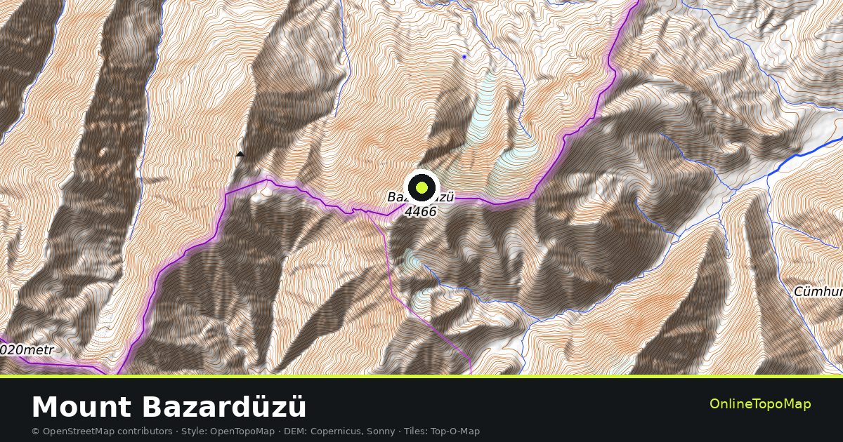 Topographic map of Mount Bazardüzü with contour lines and hillshading