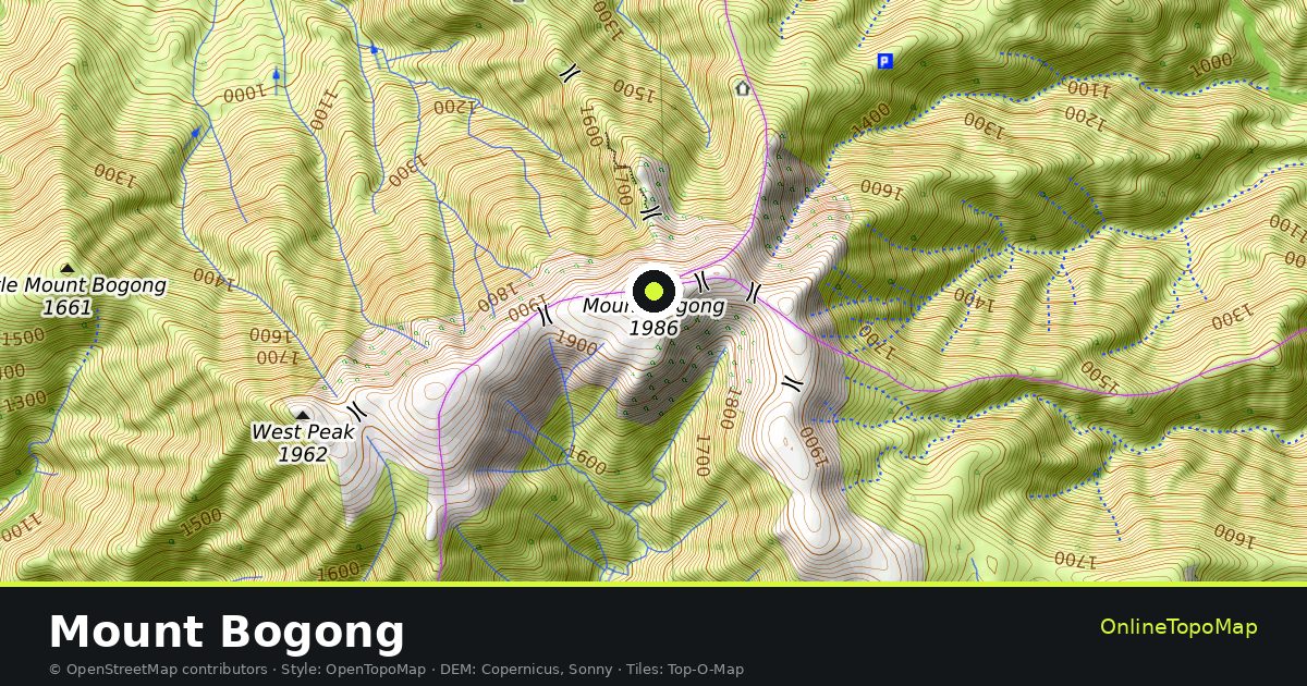 Topographic map of Mount Bogong with contour lines and hillshading