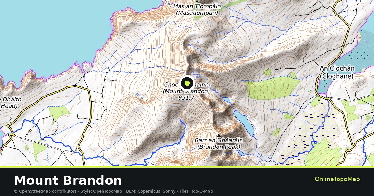 Topographic map of Mount Brandon with contour lines and hillshading