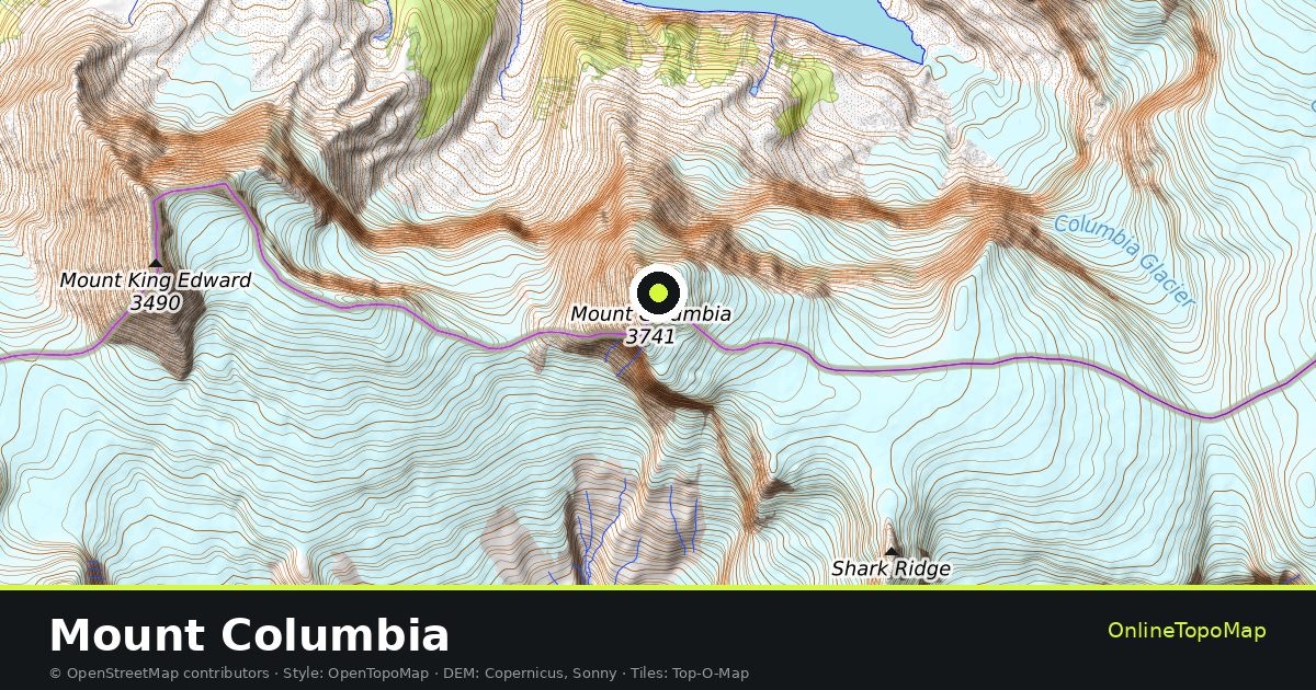 Topographic map of Mount Columbia with contour lines and hillshading