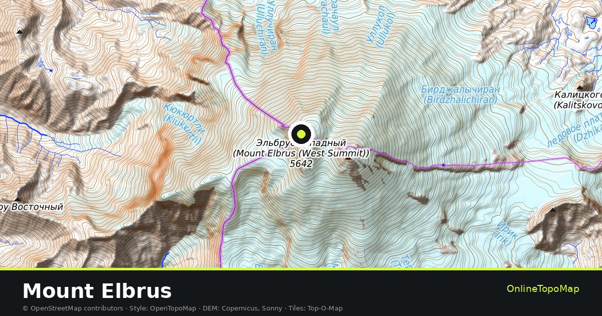 Topographic map of Mount Elbrus with contour lines and hillshading