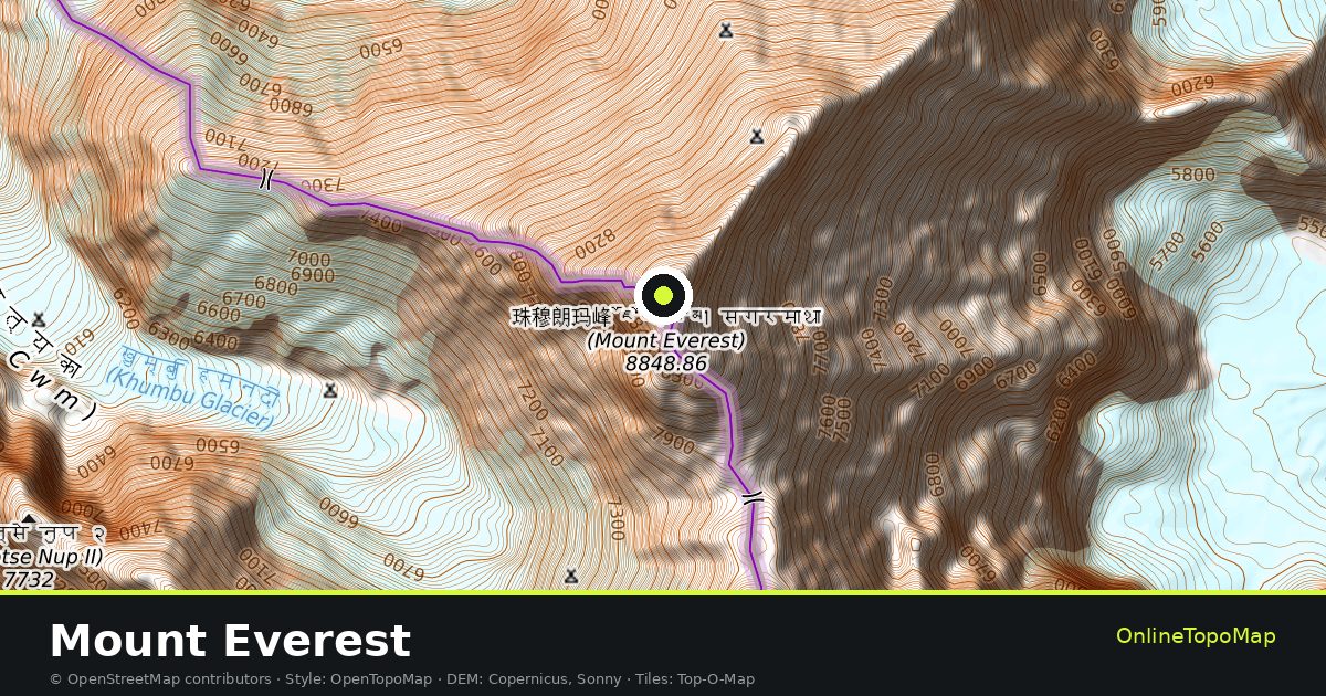 Topographic map of Mount Everest with contour lines and hillshading