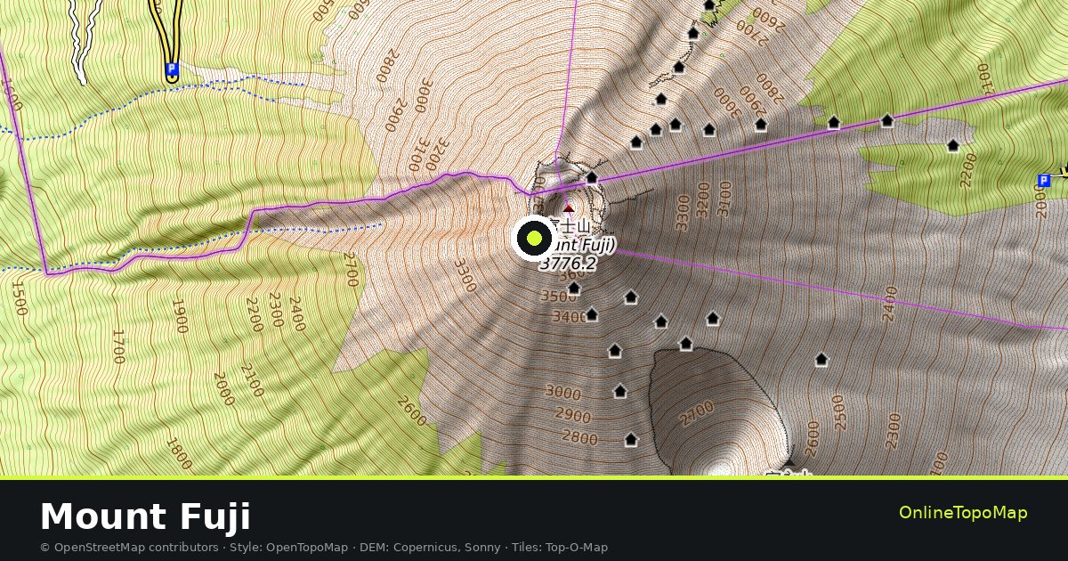 Topographic map of Mount Fuji with contour lines and hillshading