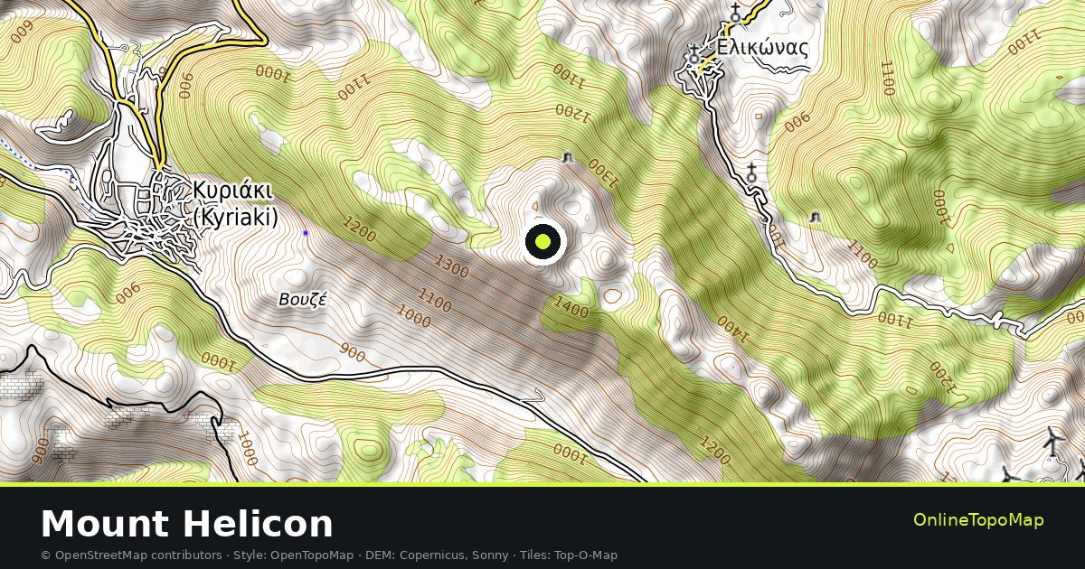 Topographic map of Mount Helicon with contour lines and hillshading