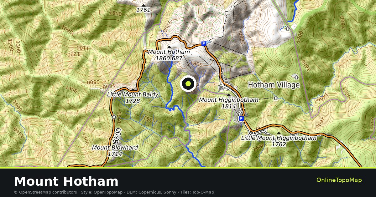 Topographic map of Mount Hotham with contour lines and hillshading