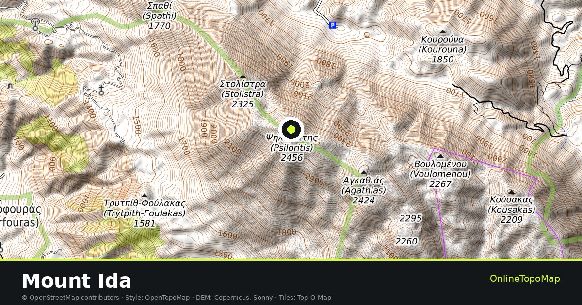 Topographic map of Mount Ida with contour lines and hillshading