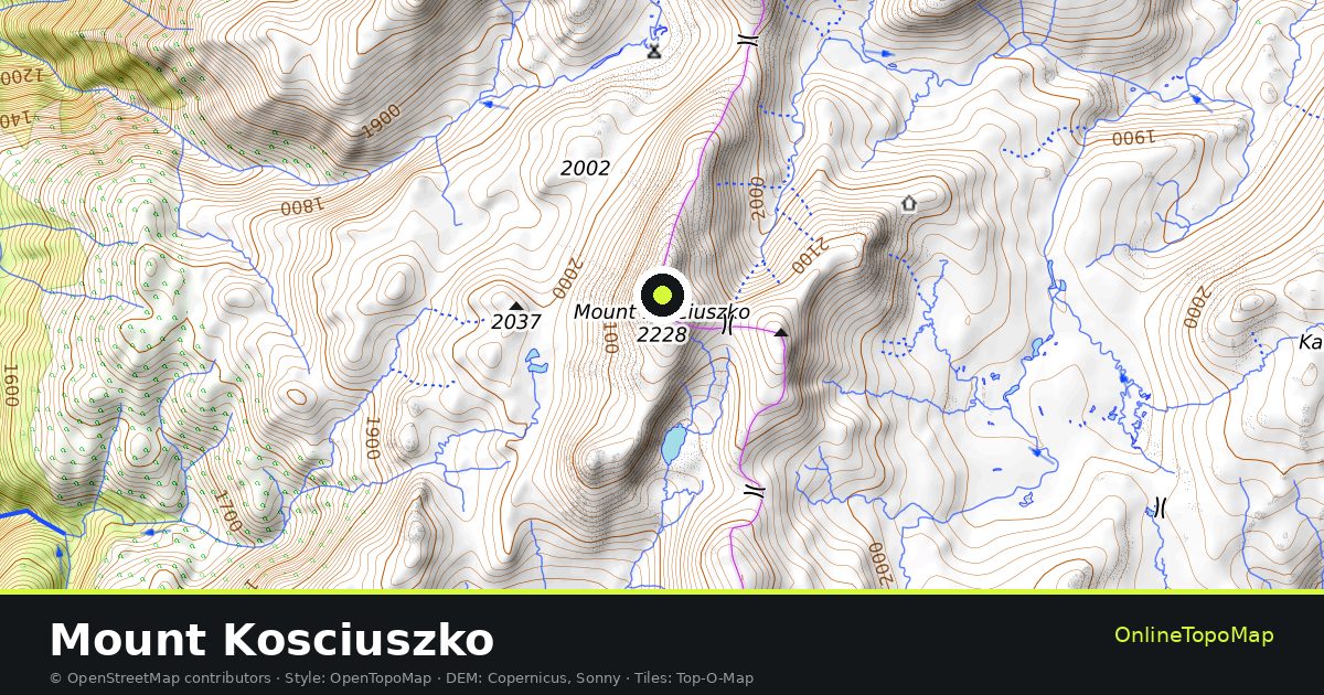 Topographic map of Mount Kosciuszko with contour lines and hillshading