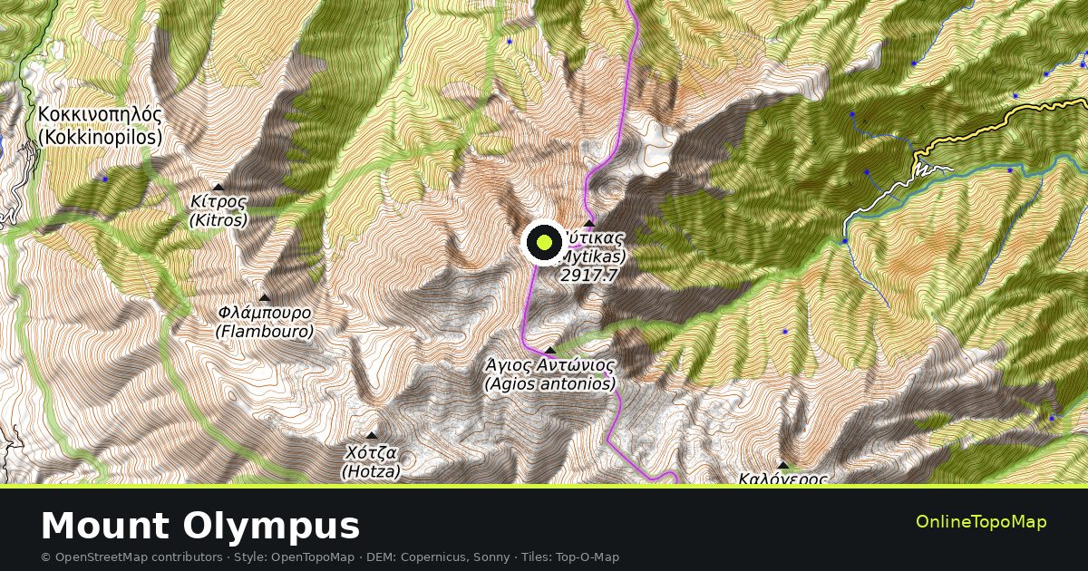 Topographic map of Mount Olympus with contour lines and hillshading