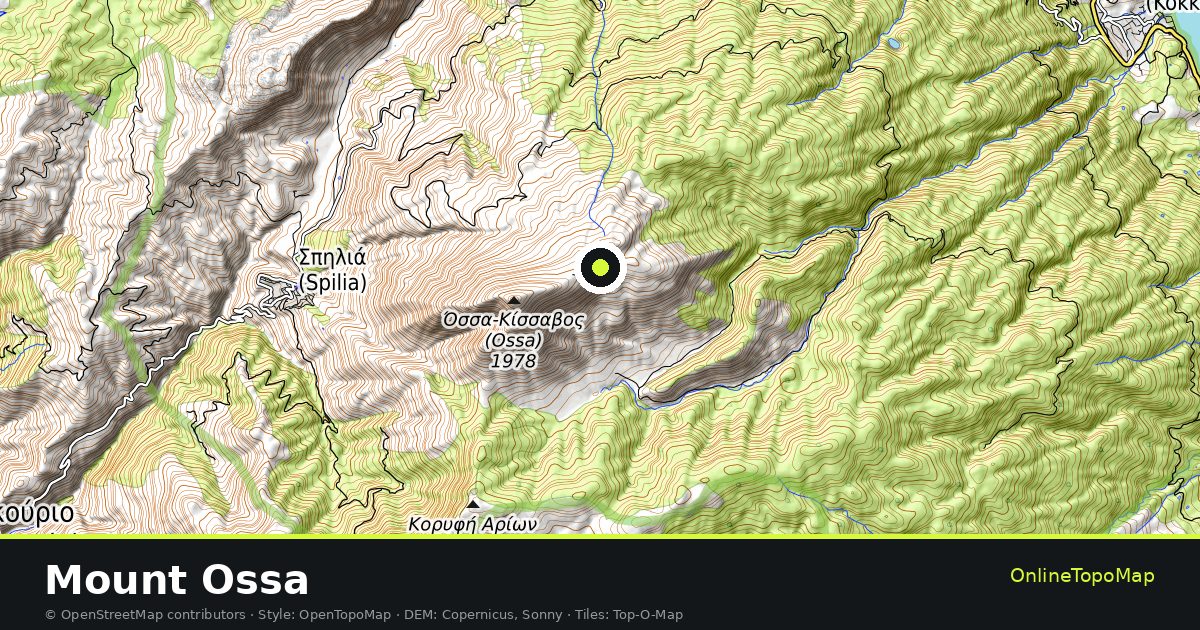 Topographic map of Mount Ossa with contour lines and hillshading