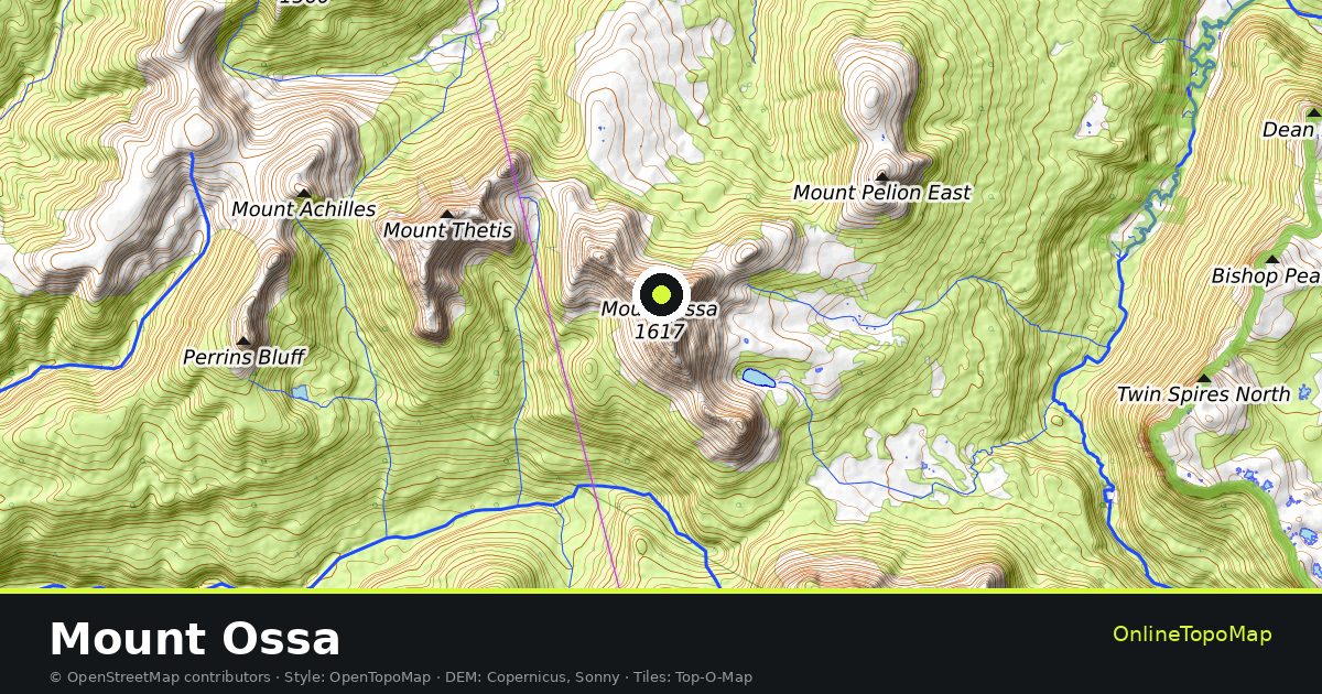 Topographic map of Mount Ossa with contour lines and hillshading