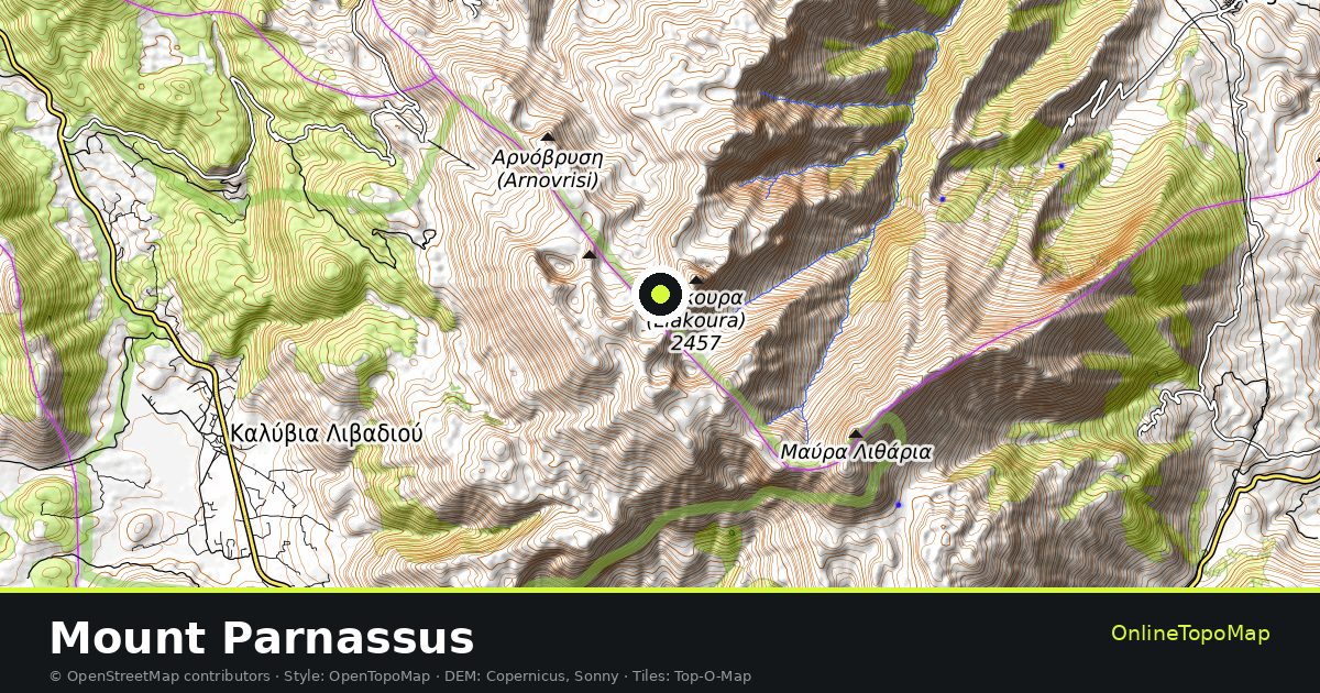Topographic map of Mount Parnassus with contour lines and hillshading