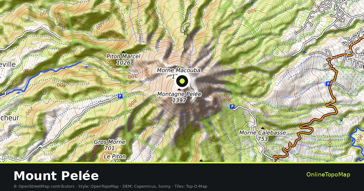 Topographic map of Mount Pelée with contour lines and hillshading