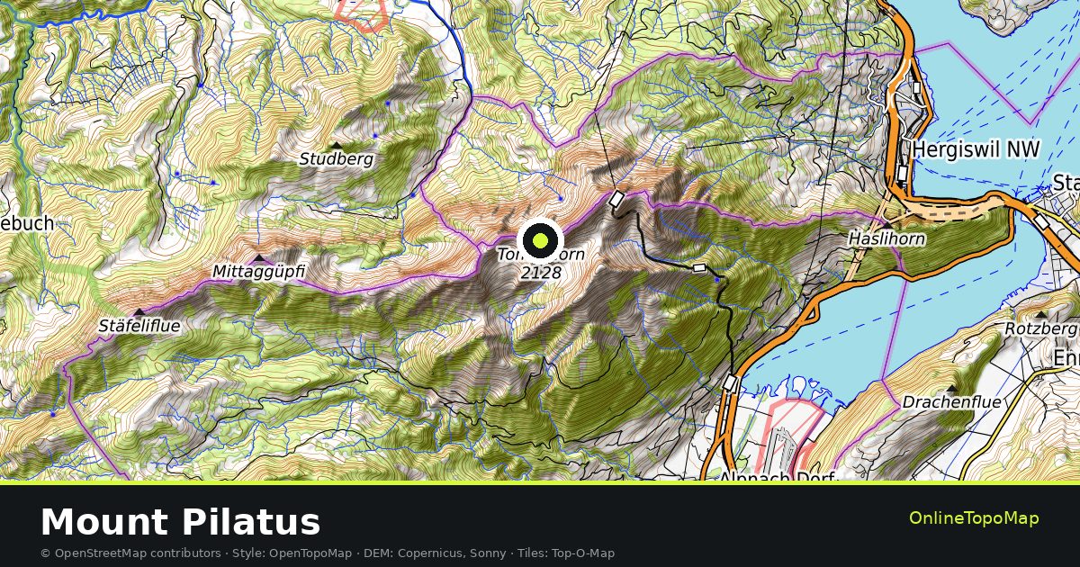 Topographic map of Mount Pilatus with contour lines and hillshading