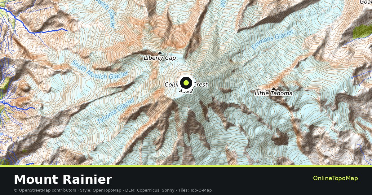 Topographic map of Mount Rainier with contour lines and hillshading