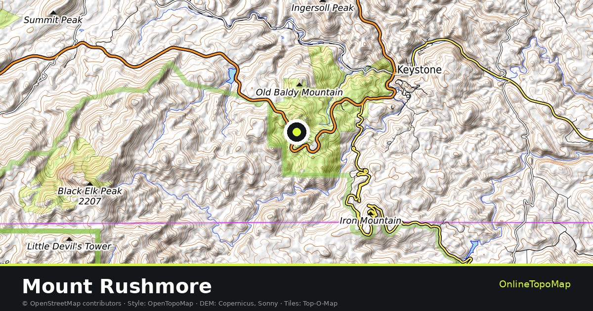 Topographic map of Mount Rushmore with contour lines and hillshading