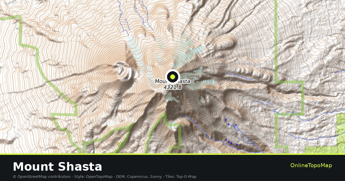 Topographic map of Mount Shasta with contour lines and hillshading