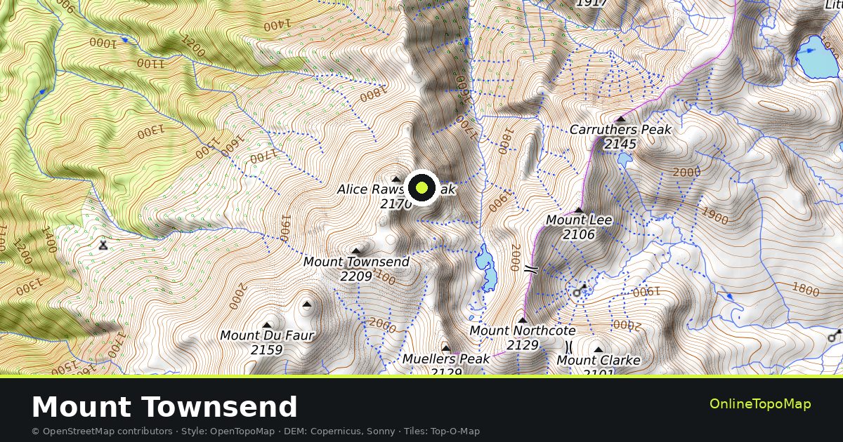 Topographic map of Mount Townsend with contour lines and hillshading