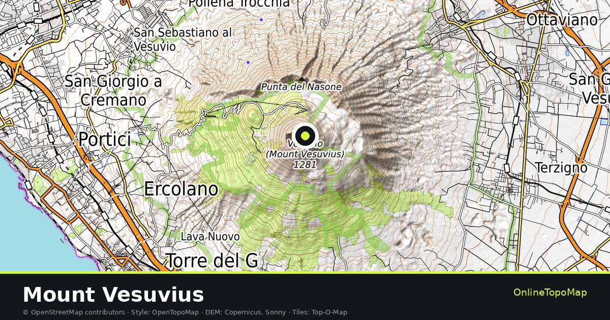 Topographic map of Mount Vesuvius with contour lines and hillshading