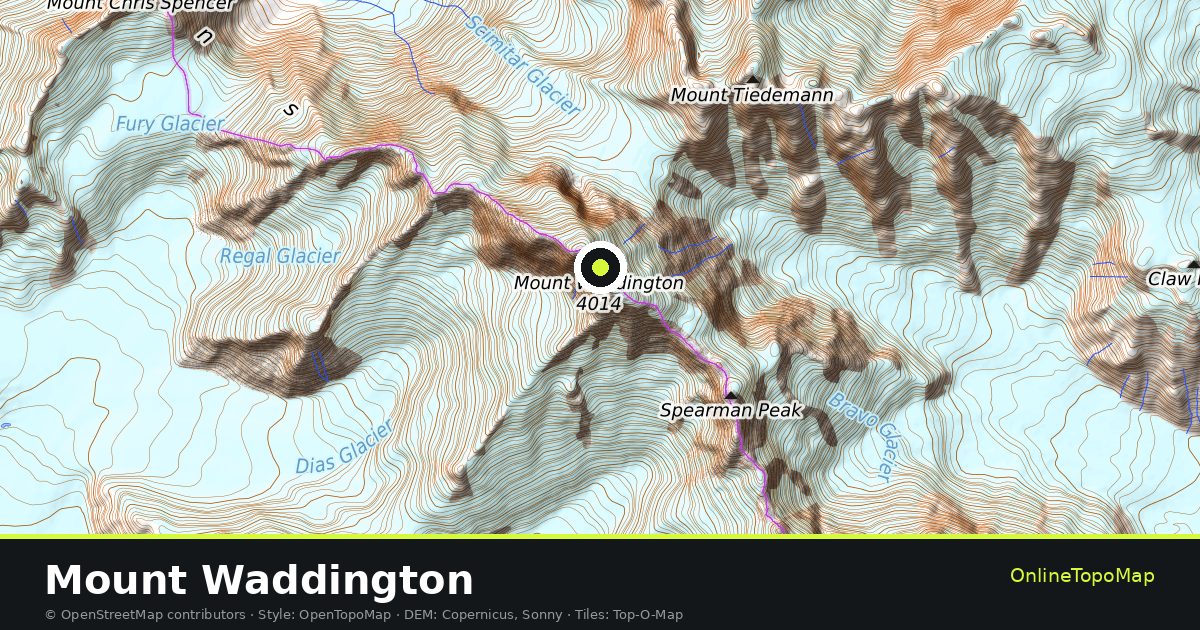 Topographic map of Mount Waddington with contour lines and hillshading