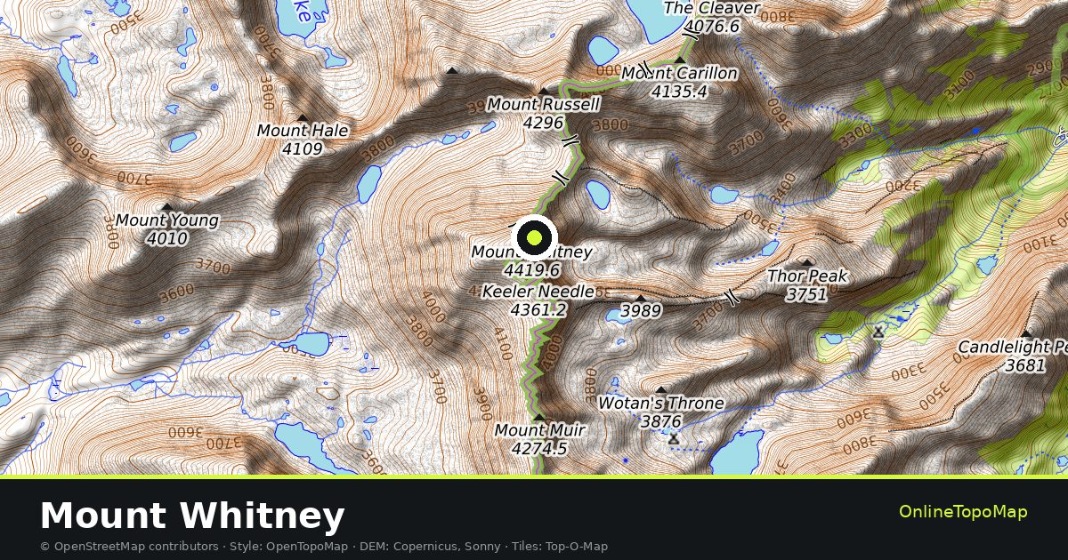 Topographic map of Mount Whitney with contour lines and hillshading