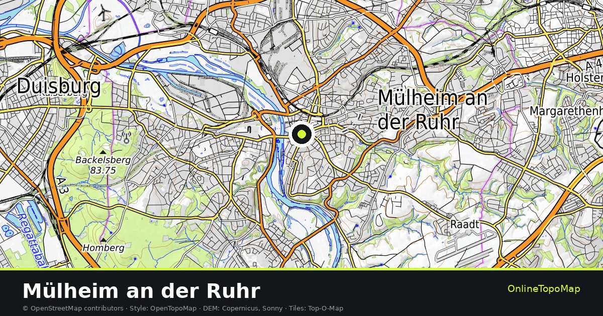 Topographic map of Mülheim an der Ruhr with contour lines and hillshading
