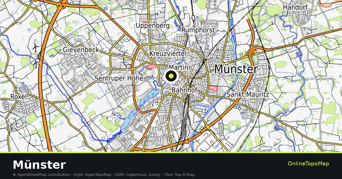 Topographic map of Münster with contour lines and hillshading