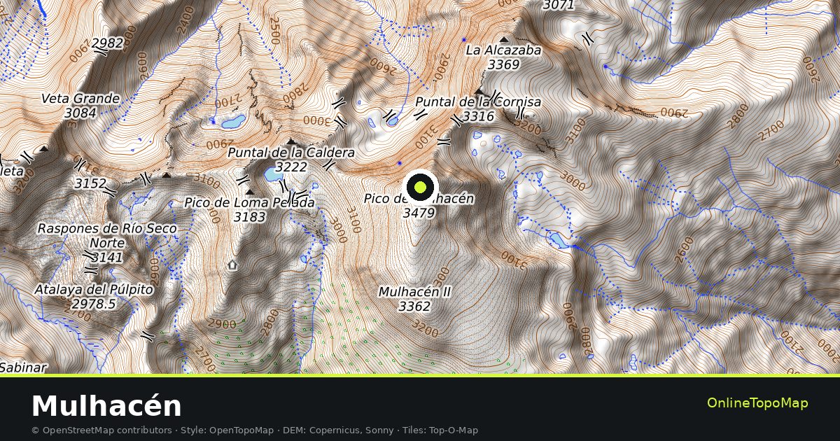 Topographic map of Mulhacén with contour lines and hillshading