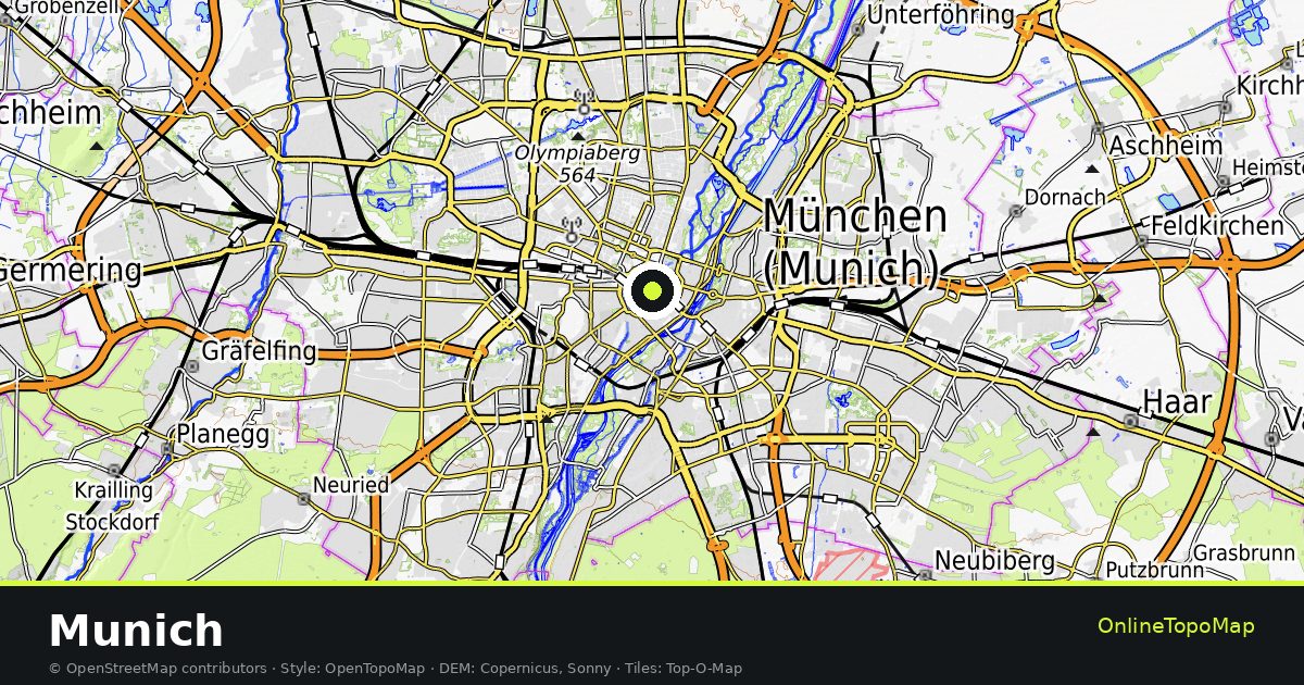 Topographic map of Munich with contour lines and hillshading