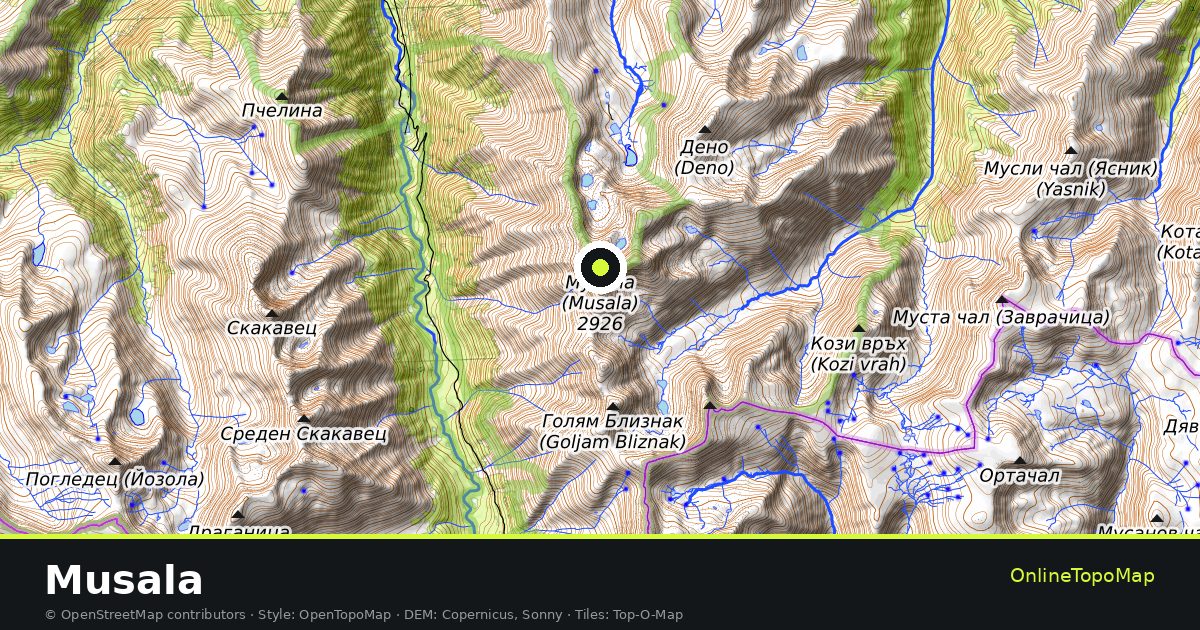 Topographic map of Musala with contour lines and hillshading