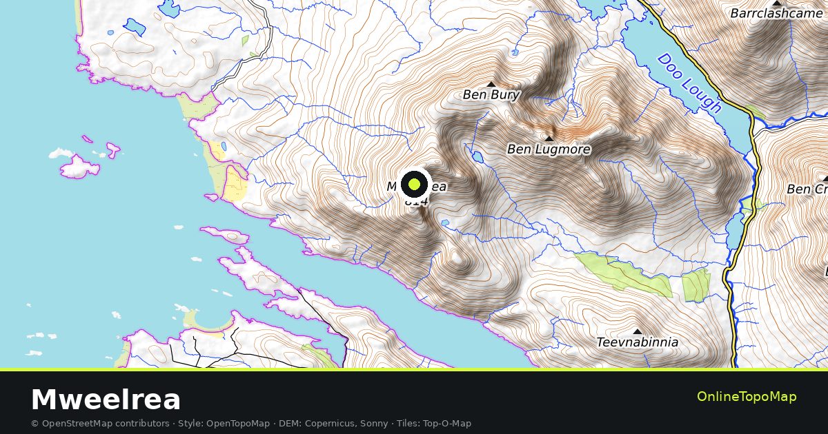 Topographic map of Mweelrea with contour lines and hillshading