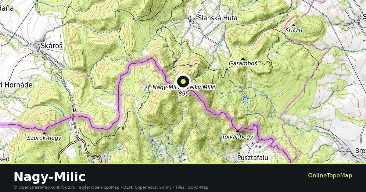 Topographic map of Nagy-Milic with contour lines and hillshading
