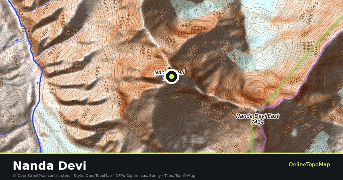 Topographic map of Nanda Devi with contour lines and hillshading
