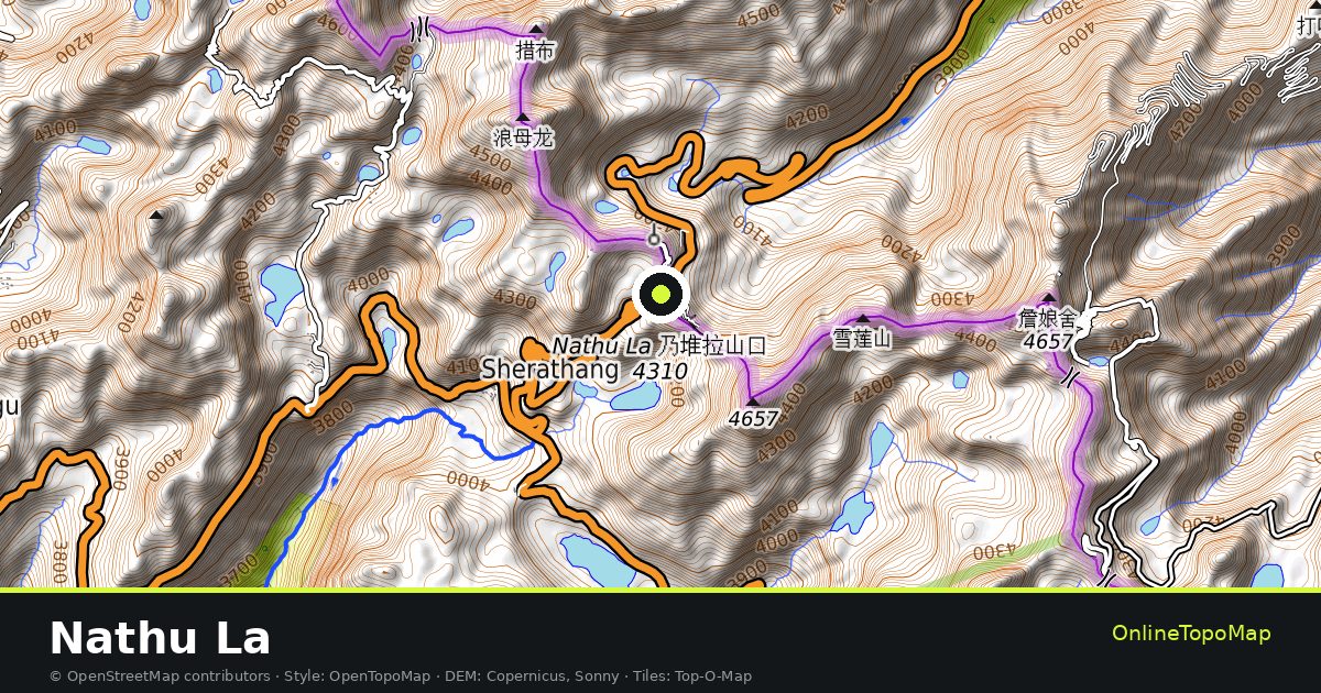 Topographic map of Nathu La with contour lines and hillshading