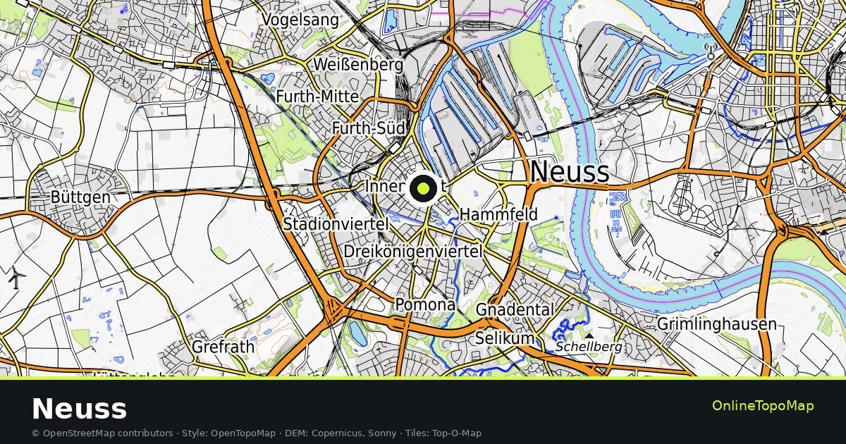 Topographic map of Neuss with contour lines and hillshading