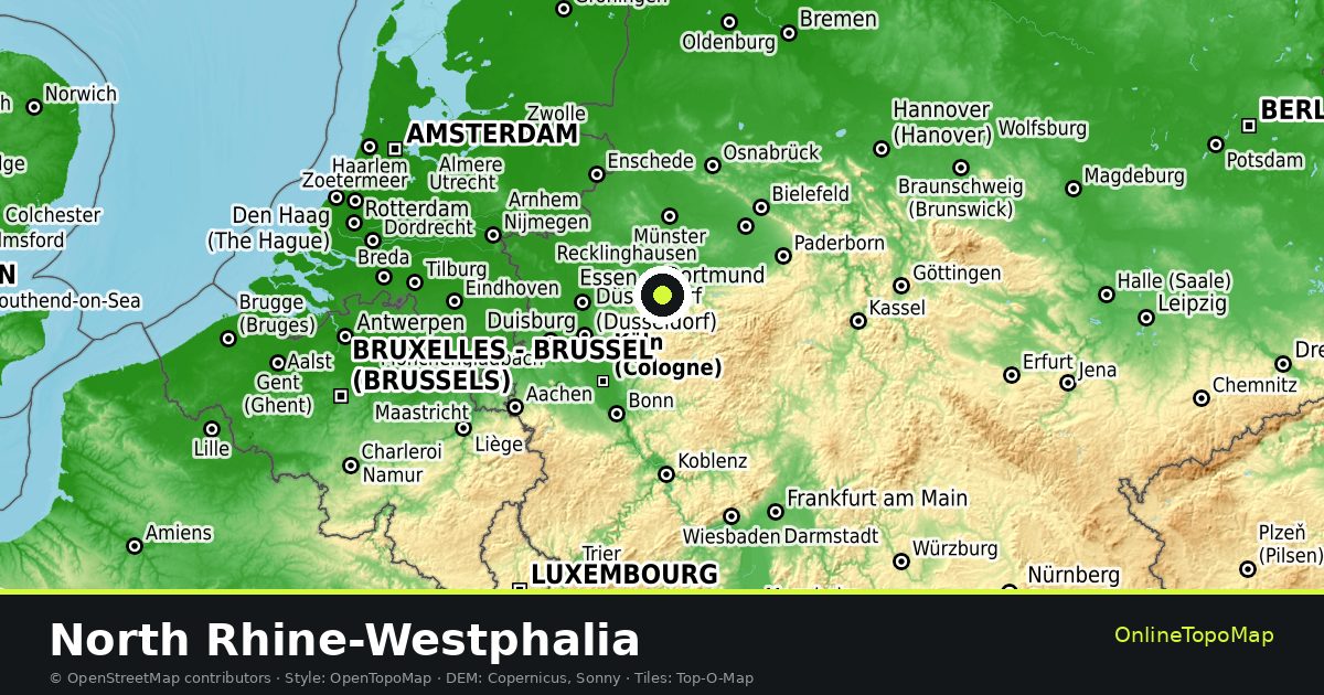 Topographic map of North Rhine-Westphalia with contour lines and hillshading