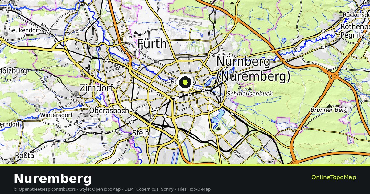 Topographic map of Nuremberg with contour lines and hillshading