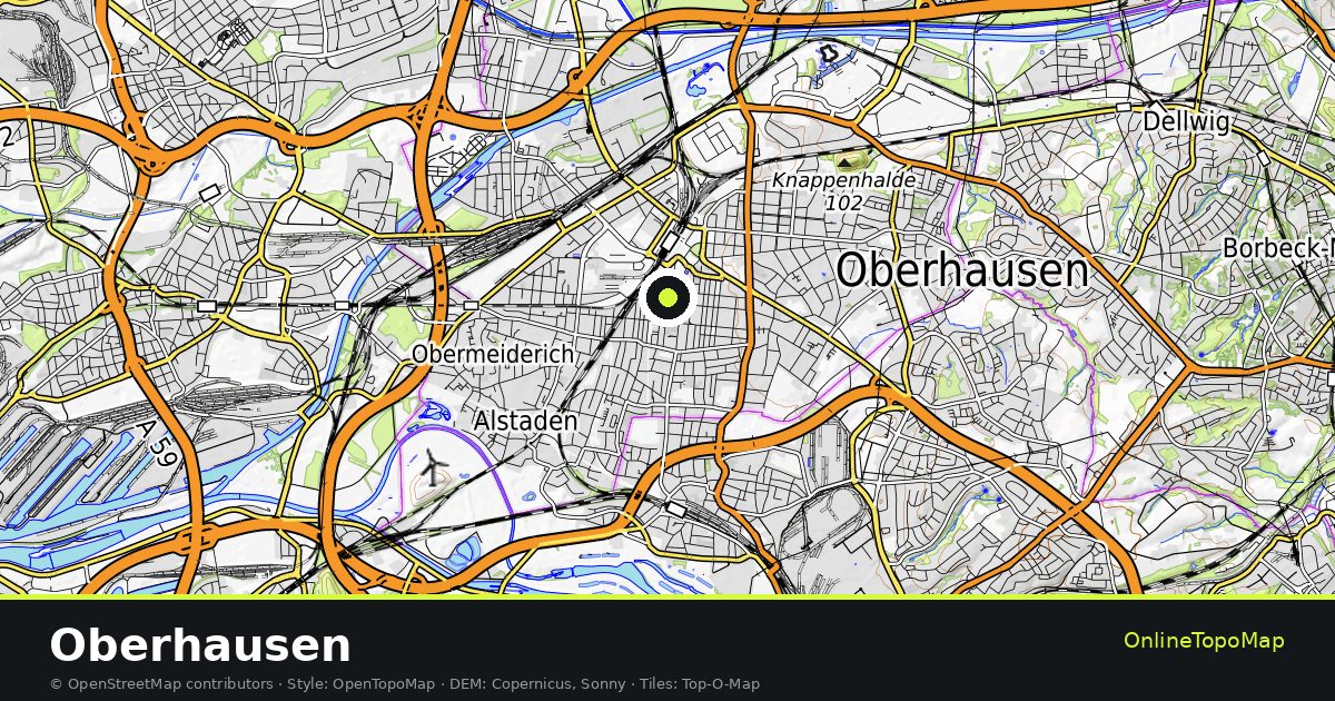 Topographic map of Oberhausen with contour lines and hillshading