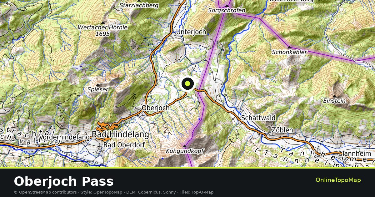 Topographic map of Oberjoch Pass with contour lines and hillshading