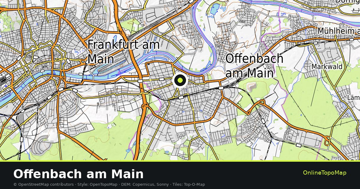 Topographic map of Offenbach am Main with contour lines and hillshading