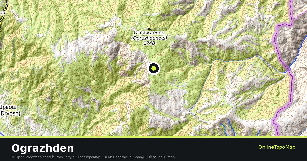 Topographic map of Ograzhden with contour lines and hillshading
